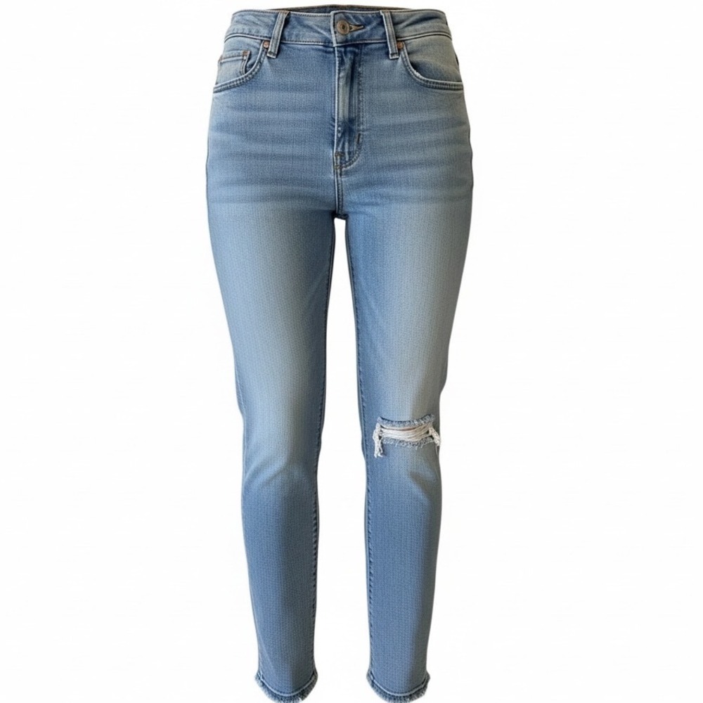 MOTHER The Dazzler High Rise Slim Straight Jeans Light Blue Distressed Size 29
